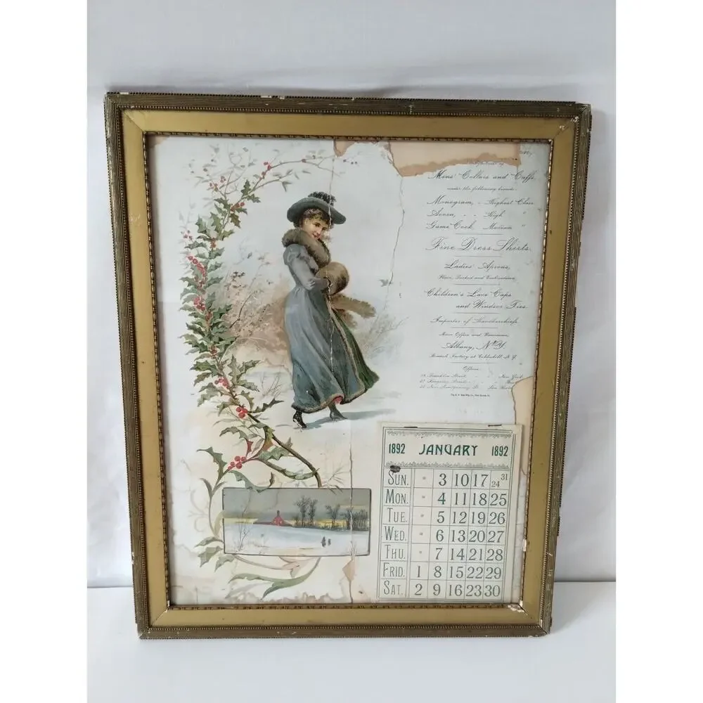 Antique Calendar with Days on the Side - 1892 - Clothing Advertisement - Damaged